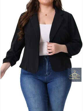 Plus Size Blazer Dressy Ruched 3/4 Sleeve Notch Lapel Work Office Cropped Jacket
